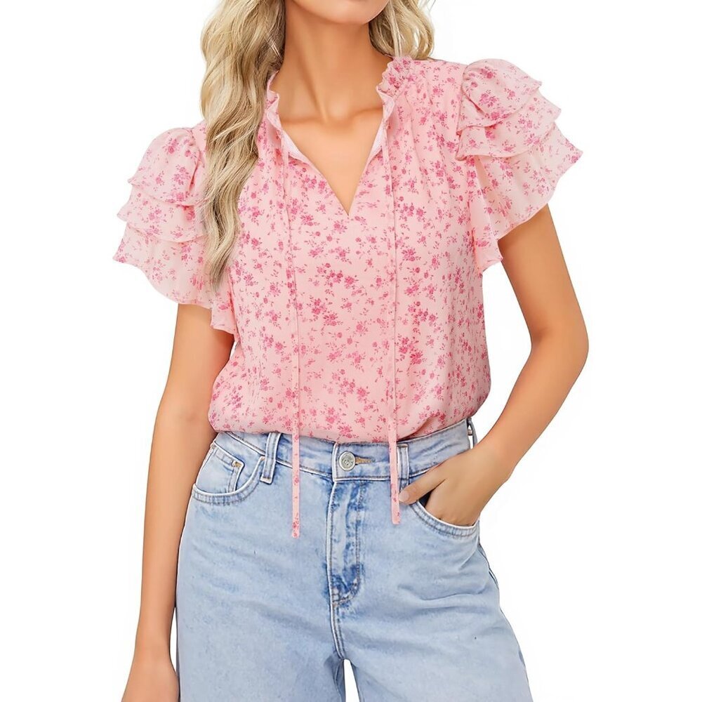 Chiffon Blouse Women Summer Ruffle Sleeves V-Neck Tie Detail Elegant Top - Picture 3 of 6